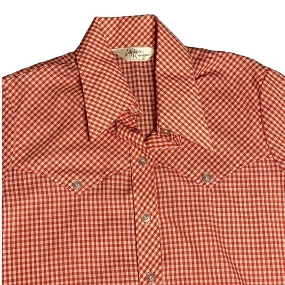 Vintage 70s Western Prairie Button Down Red White Checkerboard Gingham Plaid Top - Picture 2 of 7